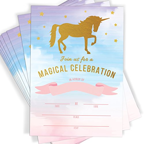Product Cover Magical Unicorn Celebration, Rainbow Party Fill in Invitations, 10 Invitations and Envelopes