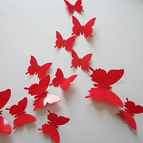 Product Cover 24pcs 3D Butterfly Removable Mural Stickers Wall Stickers Decal for Home and Room Decoration (Red)