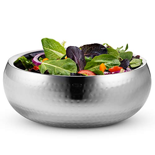 Product Cover KooK Double Wall Serving Bowl - 11 Inch Hammered Style - Stainless Steel (Soup, Cooked Food, Salads, Fruit)