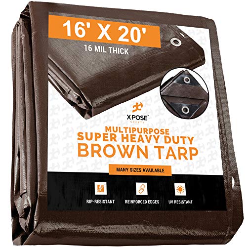 Product Cover 16' x 20' Super Heavy Duty 16 Mil Brown Poly Tarp Cover - Thick Waterproof, UV Resistant, Rot, Rip and Tear Proof Tarpaulin with Grommets and Reinforced Edges - by Xpose Safety