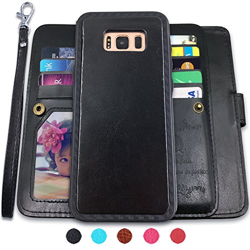 Product Cover CASEOWL Galaxy S8 Plus Cases,Magnetic Detachable Lanyard Wallet Case with [8 Card Slots+1 Photo Window][Kickstand] for Galaxy S8 Plus-6.2 inch, 2 in 1 Premium Leather Removable TPU Case(Black)