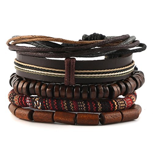 Product Cover HZMAN Mix 5 Wrap Bracelets Men Women, Hemp Cords Wood Beads Ethnic Tribal Bracelets, Leather Wristbands