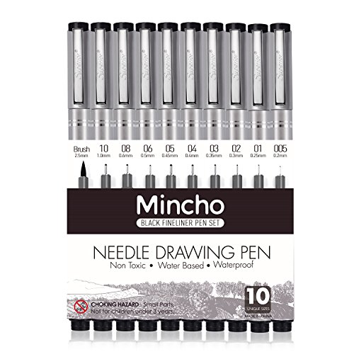 Product Cover Set of 10 Black Micro-Pen Fineliner Ink Pens, Anti-Bleed & Waterproof Archival ink,Brush & Calligraphy Tip Nibs - Artist Illustration, Office Documents, Scrapbooking, Technical Drawing