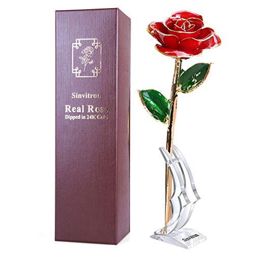 Product Cover Gold Dipped Rose, Sinvitron Long Stem 24k Gold Dipped Real Rose Lasted Forever with Stand, Best Anniversary Gifts for Her