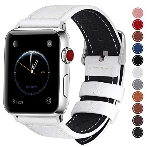 Product Cover Fullmosa Compatible Apple Watch Band Leather 42mm 44mm 38mm 40mm for iWatch Series 5/4/3/2/1,42mm/44mm White + Silver Buckle