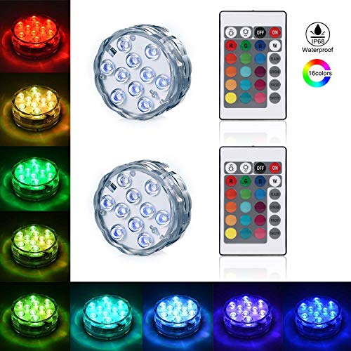 Product Cover Submersible LED Lights LEDGLE LED Waterproof Multi Color Light RGB Changing Decorated Lighting Battery Operated Lamps with Remote Control for Aquarium Hot Tub Vase Base Party Floating on Water(2 Pack)