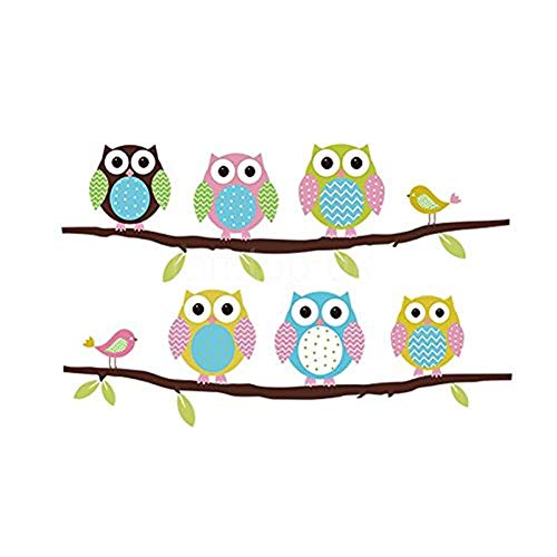 Product Cover FiveRen Wall Decals Colorful Six Lovely Owls Stickers Paper Removable Home Living Dinning Room Bedroom Kitchen Decoration Art Murals DIY Stick Girls Boys Kids Nursery Baby Playroom Bedroom Decorating