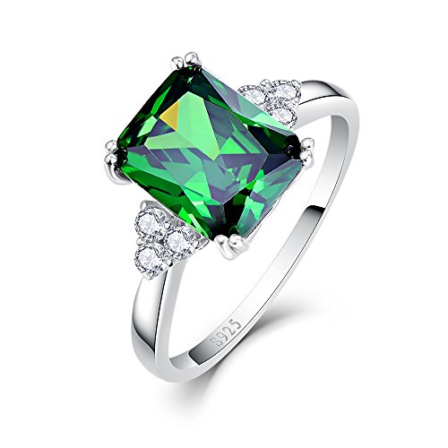 Product Cover BONLAVIE Women's 5.3ct Emerald Cut Created Green Emerald 925 Sterling Silver Engagement Ring