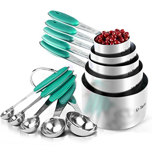 Product Cover Measuring Cups : U-Taste 18/8 Stainless Steel Measuring Cups and Spoons Set of 10 Piece, Upgraded Thickness Handle(Teal/Turquoise)