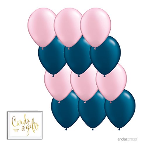 Product Cover Andaz Press 11-inch Balloon Duo Party Kit with Gold Cards & Gifts Sign, Blush Pink and Navy Blue, 12-pk
