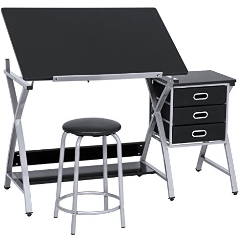 Product Cover Best Choice Products Adjustable Office Drawing Board Desk Station Drafting Table Set w/Stool Chair for Arts and Crafts, Drawing, Painting, Doodling, Silver/Black