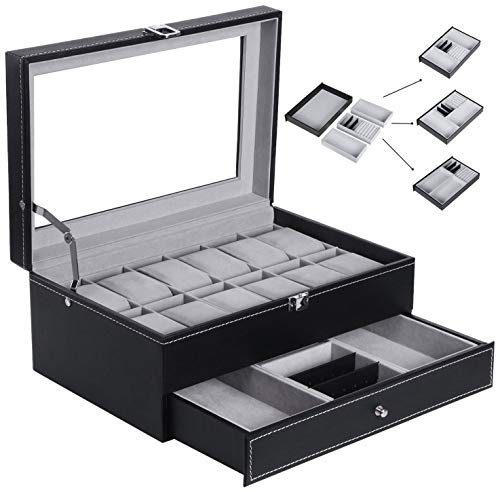 Product Cover BEWISHOME BEWISHOME Watch Box Organizer Case 12 Mens Jewelry Display Drawer w/Adjustable Tray Glass Top Black PU Leather SSH02B