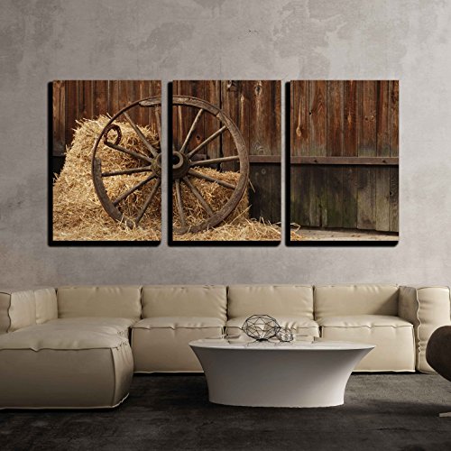 Product Cover wall26-3 Piece Canvas Wall Art - The Old Antique Wheel from cart on Background of hay and barn - Modern Home Decor Stretched and Framed Ready to Hang - 16