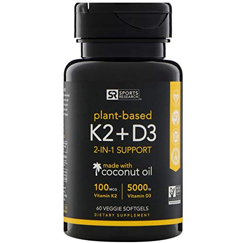 Product Cover NEW! Premium Vitamin K2+D3 with Organic Coconut Oil for better absorption | Vegan Certified, non-GMO Verified, 100% Plant Based supplement with 5000iu of Vitashine D3 &.100mcg MenaQ7 ~ 60 Veggie Gels