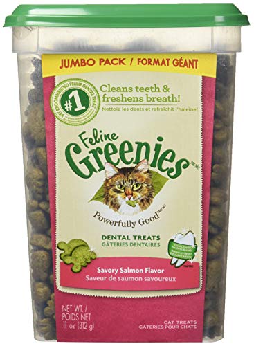 Product Cover Greenies Feline GREENIES Dental Treats for Cats Savory Salmon Flavor 11 Ounces with Natural Ingredients Plus Vitamins, Minerals, and Other Nutrients