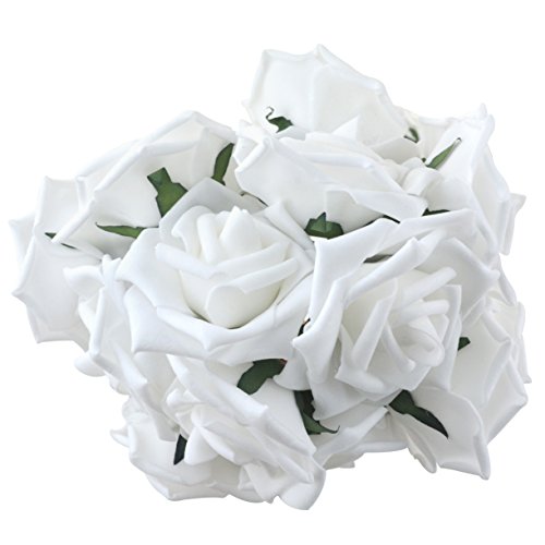 Product Cover obmwang 50PCS White Foam Roses Flowers, Real Touch Artificial Rose Flowers DIY 3D Wedding Bridal Bouquet Home Hotel Party Garden Floral Decor White