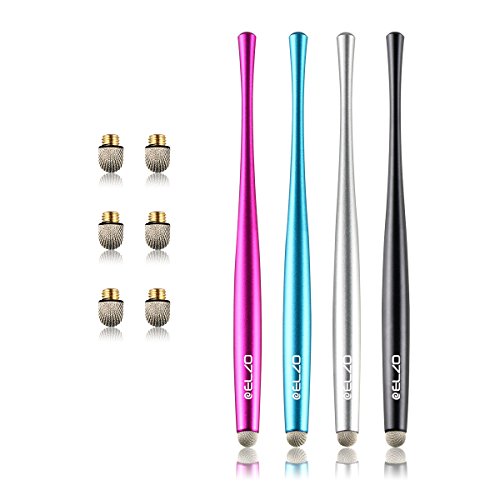 Product Cover Elzo Capacitive Stylus Pens Premium Metal Slim Combo 4 Pcs with 6 Replacement Nanofiber Tips for Touch Screen Tablets Asus/Surface/Samsung/iPhone/iPad/LG and More (Black, Silver, Light Blue&Rose Red)