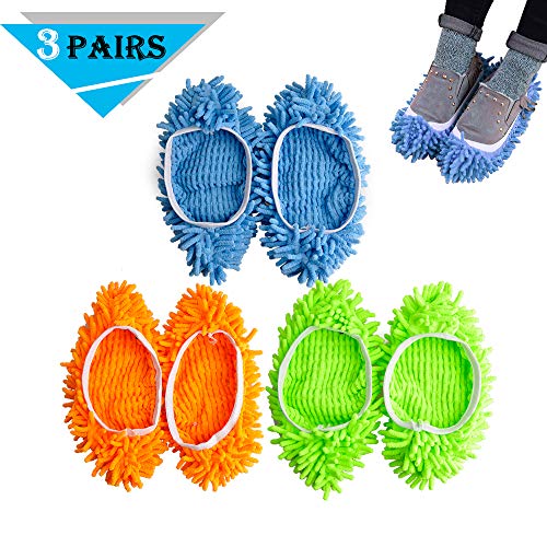 Product Cover Kamlif 3 Pairs Washable Dust Mop Slippers Microfiber Cleaning Mop Slippers Shoes Dust Floor Cleaner Multi-Function Floor Cleaning Shoes Cover (Green,Blue,Yellow 3pairs)