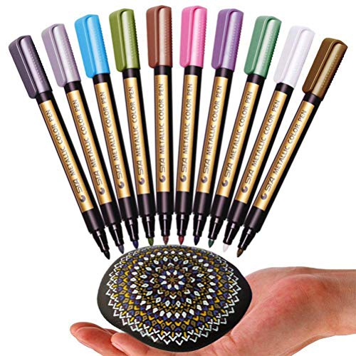 Product Cover Metallic Markers Pen for Rock Painting - Medium Point, Metallic Color Paint Markers for Ceramic Painting, Glass,Mug, Plastic, Photo Album, Card Making, 10 Colors