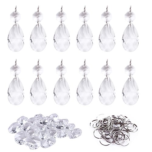 Product Cover BIHRTC 12Pcs38mm Clear Crystal Teardrop Chandelier Prisms Parts Hanging Galss Crystal Pendants Beads +50pcs Metal Split Ring + 50pcs 14mm Octagonal Beads