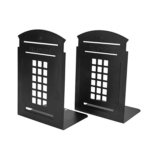 Product Cover MerryNine Bookends Pair Nonskid Heavy Metal Durable Sturdy Strong Books Organizer Telephone Booth Bookshelf Decor Decorative Bedroom Library Office School Supplies Stationery Gift (Black_1 Pair)