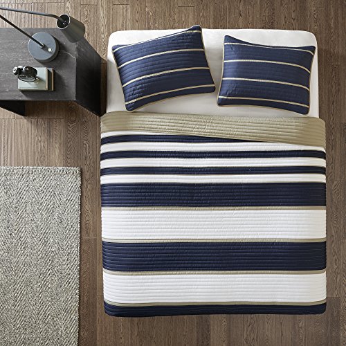 Product Cover comfort spaces - verone Mini Quilt Coverlet Set - 3 Piece - Navy, White, Khaki - Stripes Pattern - Full/Queen Size, Includes 1 Quilt, 2 Shams