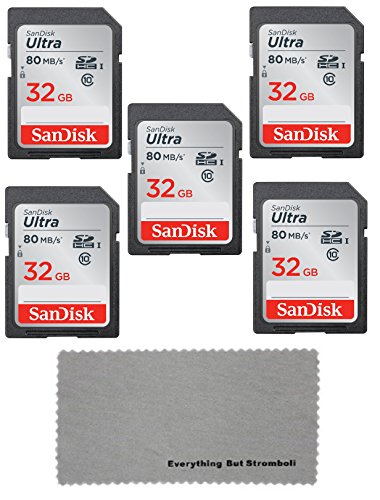 Product Cover SanDisk 32 GB Class 10 SD HC Ultra Flash Memory Card - 5 Pack (SDSDUNC-032G-GN6IN) With Everything But Stromboli (tm) MicroFiber Cleaning Cloth