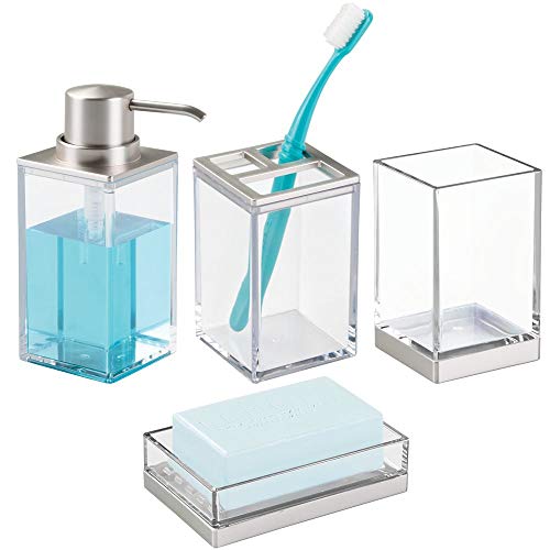 Product Cover mDesign Square Plastic Bathroom Vanity Countertop Accessory Set - Includes Soap Dispenser Pump, Divided Toothbrush Holder, Tumbler Rinsing Cup, Soap Dish - 4 Pieces - Clear/Brushed