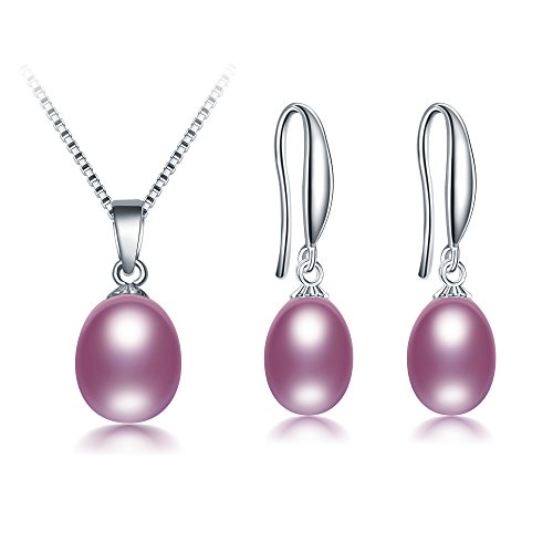 Product Cover Freshwater Cultured Genuine Pearls Jewelry Set with Necklace & Drop Earrings by DIAMOVI - Top Quality 925 Sterling Silver - Stunning Wedding Bridal Jewelry - Luxury Fashion Style - Purple