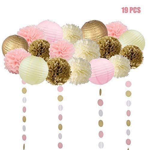 Product Cover 19 Pcs Pink and Gold Tissue Paper Flowers Pom Poms Lanterns and Garland for Baby Shower Party Decoration