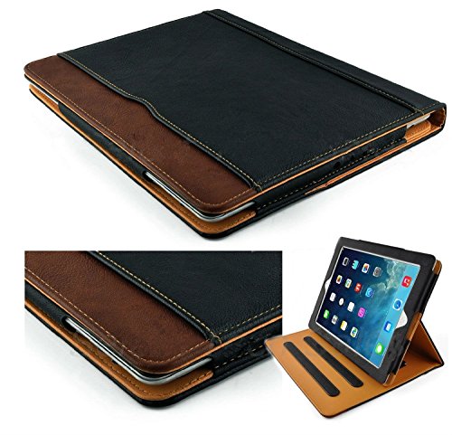 Product Cover New S-Tech Black and Tan Apple iPad 9.7 5th Generation 2017 / 6th Generation 2018 Model Soft Leather Wallet Smart Cover with Sleep/Wake Feature Flip Case