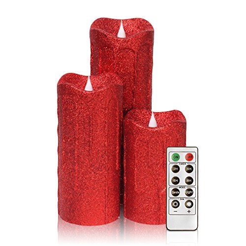 Product Cover 3D Flameless Pillar Candles with Remote, Set of 3 LED Candles Battery Included for Christmas Decoration and Gifts, 5,7,9 Inch (Red)