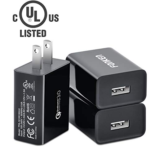 Product Cover [3-Pack] Quick Charge 3.0, FONKEN 18W USB Wall Charger QC 3.0 Adapter 3Amp Fast Charger Block Compatible with Samsung Galaxy S7 S6, Note 5/4, LG G5 V10, Nexus 6,HTC 10 Comply with UL 60950-1 (Black)