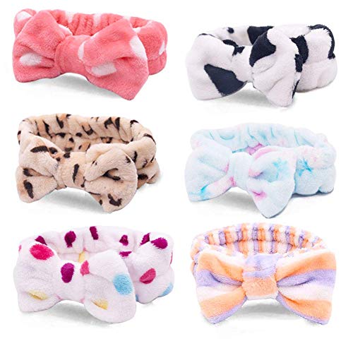 Product Cover Bow Hair Band, Soft Carol Fleece Hairlace Headband Turban Bowknot Bow Makeup Shower Headbands Headwraps for Washing Face Shower Spa Mask, Multiple Styles, 6PCS