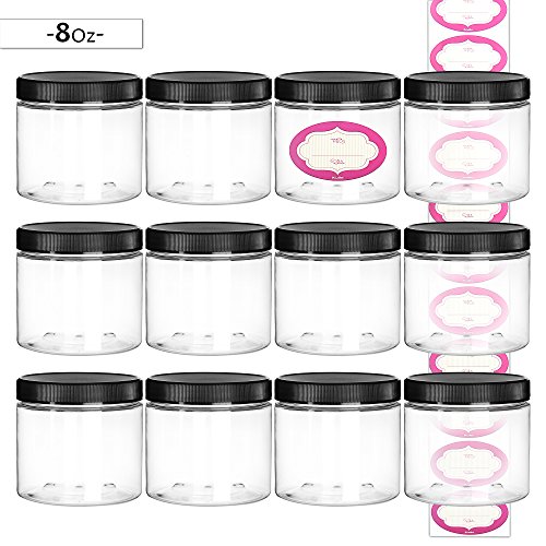 Product Cover DilaBee 12-Pack 8 Ounce Empty Large Elegant Refillable Clear Plastic Jars with Screw On Lids and labels, Round BPA Free Containers For Kitchen Use, Slime, Beauty Products, Cosmetic, Lotion and more