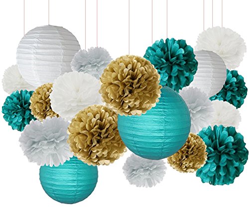 Product Cover Furuix White Teal Grey Gold 10inch 8inch Tissue Paper Pom Pom Paper Lanterns Mixed Package for Teal Themed Party Wedding, Bridal Shower Decor Teal Blue Baby Shower Teal Wedding Decoration