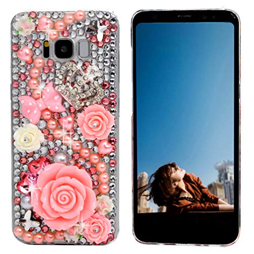 Product Cover Mavis's Diary Compatible Samsung Galaxy S8 Case, 3D Handmade Bling Diamonds Pink Roses Bow Pearls Crystal Diamond Crown Shiny Sparkle Rhinestone Gems Clear Full Body Protection Hard PC Cover