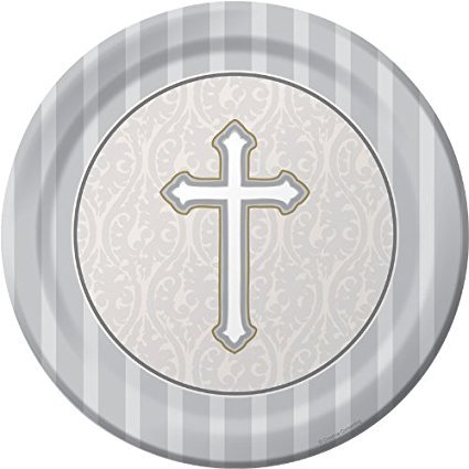 Product Cover Creative Converting Devotion Cross Round Dinner Plates, Silver, 24 Count