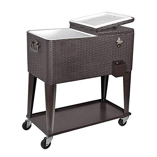 Product Cover Clevr 80 Quart Qt Rolling Cooler Ice Chest Cart for Outdoor Patio Deck Party, Dark Brown Wicker Faux Rattan Tub Trolley, Portable Backyard Party Drink Beverage Bar, Wheels with Shelf & Bottle Opener