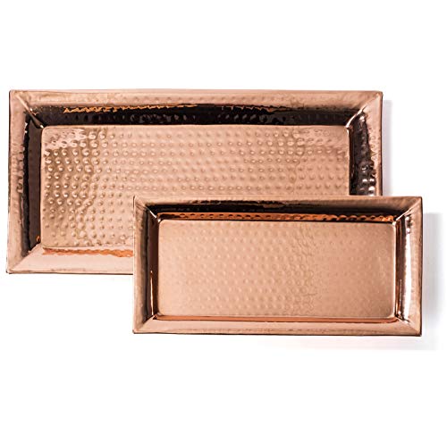 Product Cover Colleta Home Hammered Tray - Set of 2, Serving Platter 16x8 Inch, Rectangular Serving Dish 12x6 Inch, Pure Copper, Stackable - Nesting Trays