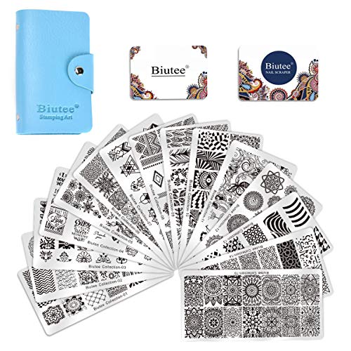 Product Cover Biutee 19pcs Nail Stamp Plates set 15 plate 1Stamper 2Scraper 1storage bag Nails Art Stamping Plate Scraper Stamper Set Leaves Flowers Animal Nail plate Template Image Plate