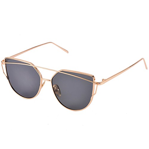 Product Cover Cat Eye Sunglasses for Women Mirrored Flat Lenses Metal Frame - UV400 Protection (Gold Frame/Black Lens)