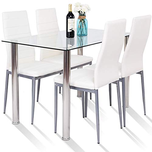Product Cover Tangkula 5 PCS Dining Table Set Modern Tempered Glass Top and PVC Leather Chair w/4 Chairs Dining Room Kitchen Furniture (White and Silver)