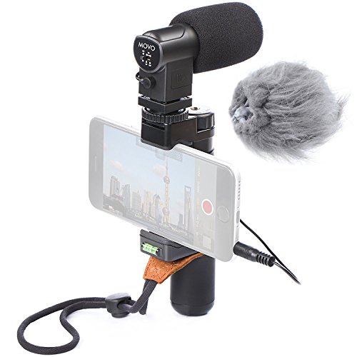 Product Cover Movo Smartphone Video Rig with Stereo Microphone, Grip Handle, Wrist Strap for Apple iPhone 5, 5S, 6, 6S, 7, 8, X, XS, XS Max, 11, 11 Pro, Samsung Galaxy S5, S6, S7, S8, S9, Note Smartphones