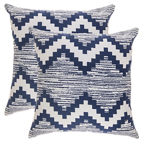 Product Cover TreeWool Decorative Square Throw Pillowcases Set Ikat Chevron Accent 100% Cotton Cushion Cases Pillow Covers (22 x 22 Inches / 55 x 55 cm; Navy Blue & White) - Pack of 2