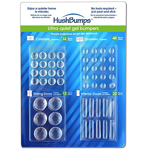 Product Cover HushBumps Ultra-Quiet Gel Bumpers. 104 Piece Value Pack. Contains Cabinet, Door, Sliding Door & Drawer Bumpers. Just Peel & Stick!