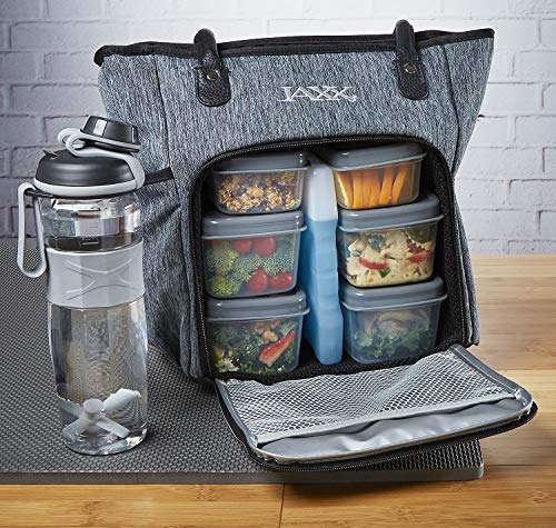 Product Cover Fit & Fresh JAXX FitPak Meal Prep Lunch Bag with Portion Control Containers & Shaker Bottle, Commuter Series, Gray