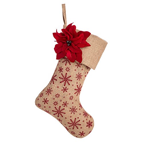 Product Cover SANNO 18 inch Beige Christmas Stockings,Gifts Large Bulk Holder Hanging Burlap Decorations Christmas Stocking with Red Poinsettia Flower Design, Snowflakes Craft Socks Decorations Holiday Ornament