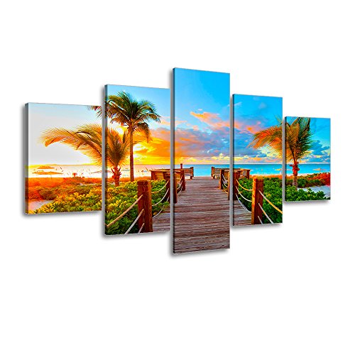 Product Cover Tropical Beach Painting Decor, SZ 5 Piece Palm Tree Sunset Picture Canvas Wall Art, Ocean Canvas Prints for Bedroom, Ready to Hang, 1