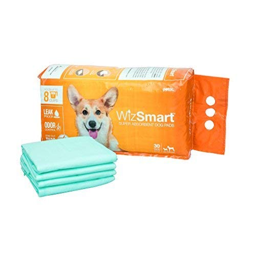Product Cover Wizsmart Dog and Puppy Training Pee Pads, Super Absorbent, Leak Proof, Adhesive Tabs Prevent Sliding, Odor Control, Eco-Friendly, 30 Pads/Bag